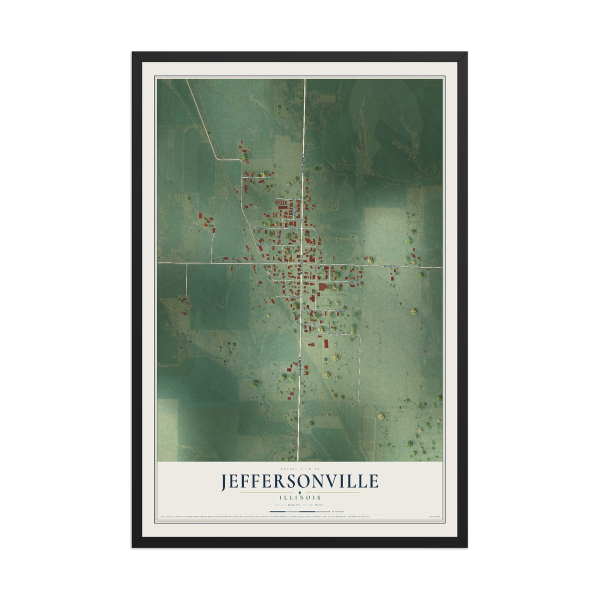 Map of Jeffersonville, Illinois, 12 x 18 inch print in a black wood frame