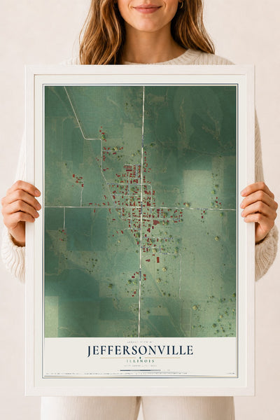 Map of Jeffersonville, Illinois, 18 x 24 inch print in a white wood frame