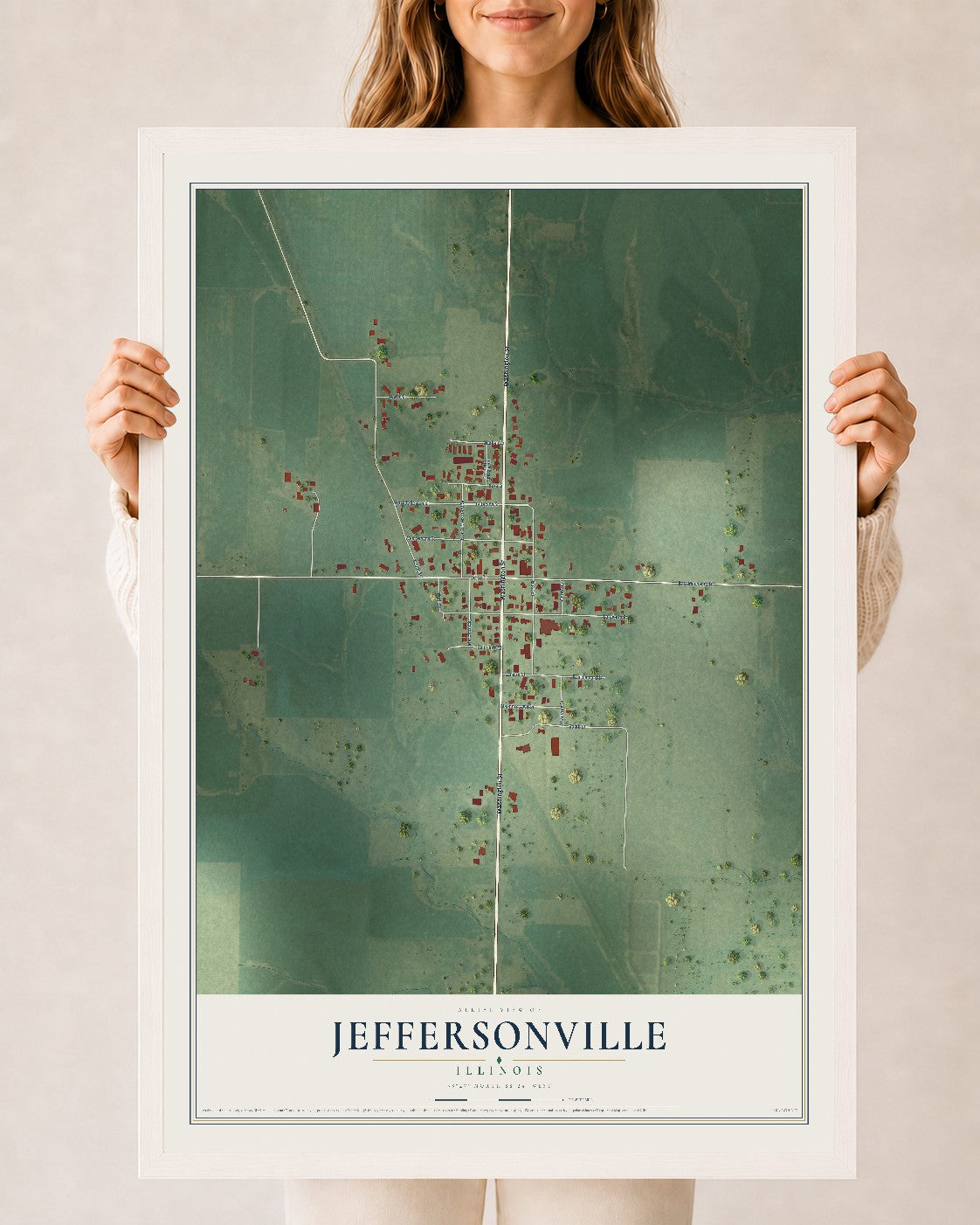 Map of Jeffersonville, Illinois, 24 x 36 inch print in a white wood frame