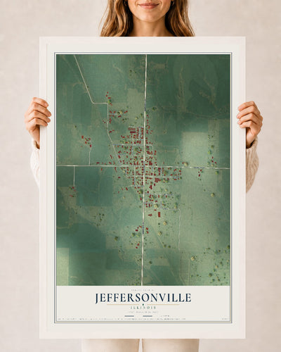 Map of Jeffersonville, Illinois, 24 x 36 inch print in a white wood frame