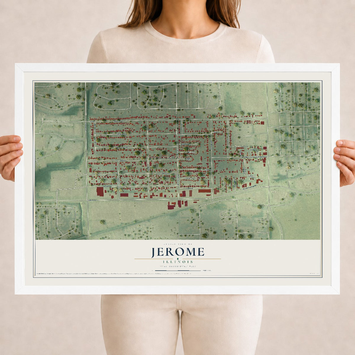 Map of Jerome, Illinois, 18 x 24 inch print in a white wood frame