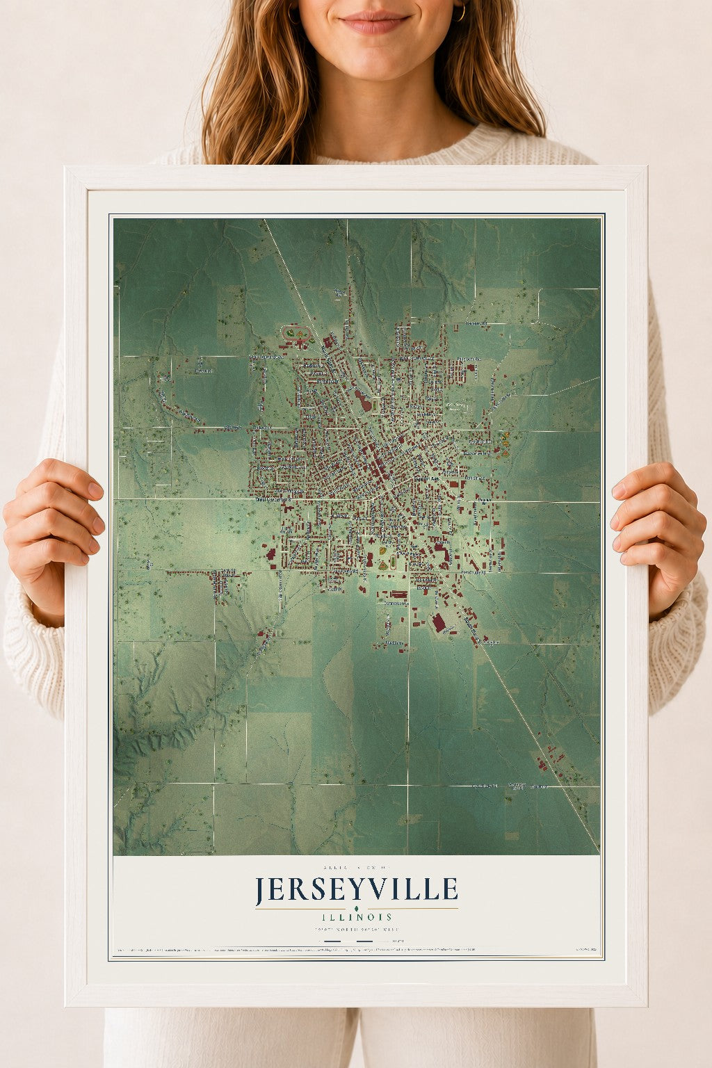 Map of Jerseyville, Illinois, 18 x 24 inch print in a white wood frame