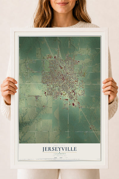 Map of Jerseyville, Illinois, 18 x 24 inch print in a white wood frame
