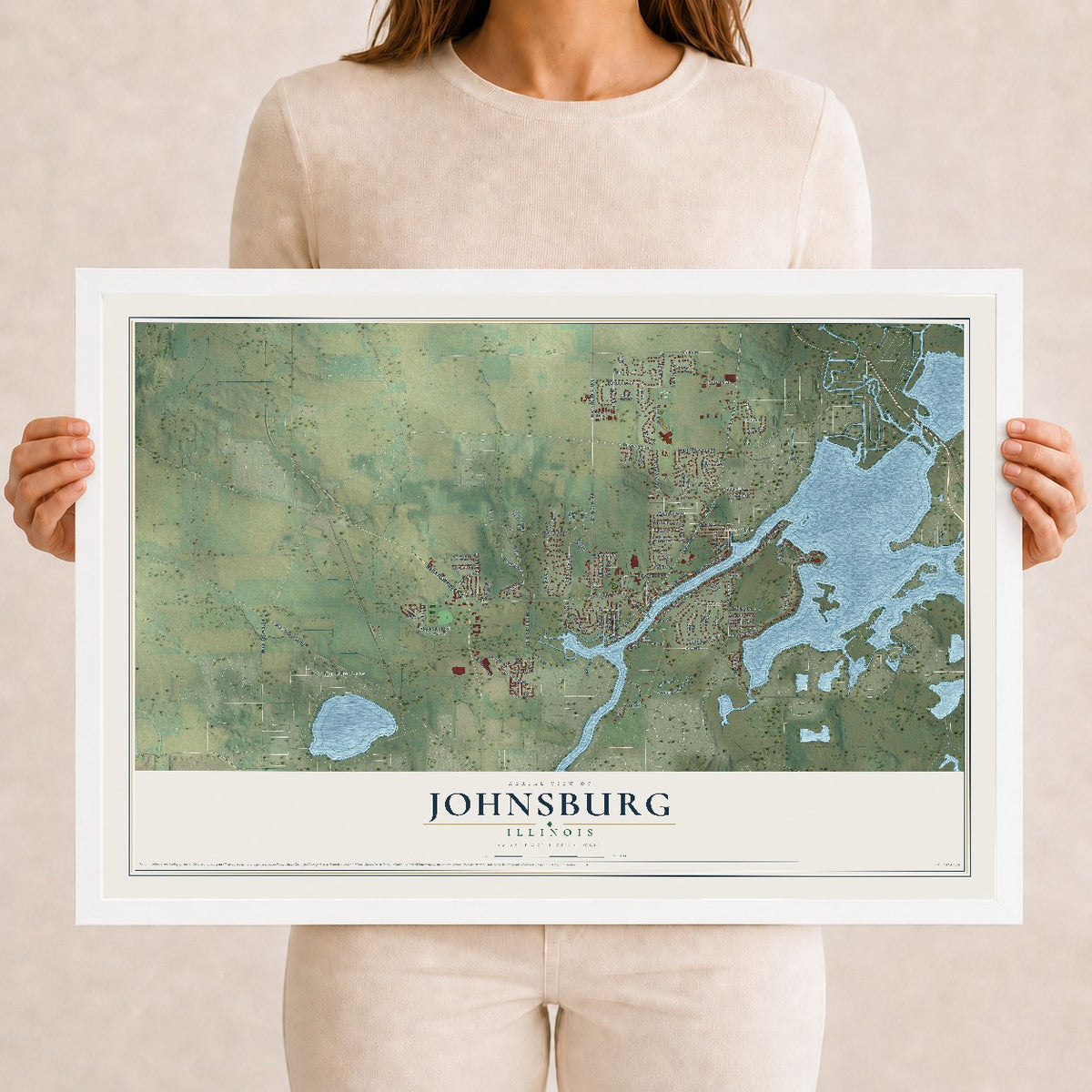 Map of Johnsburg, Illinois, 12 x 18 inch print in a white wood frame