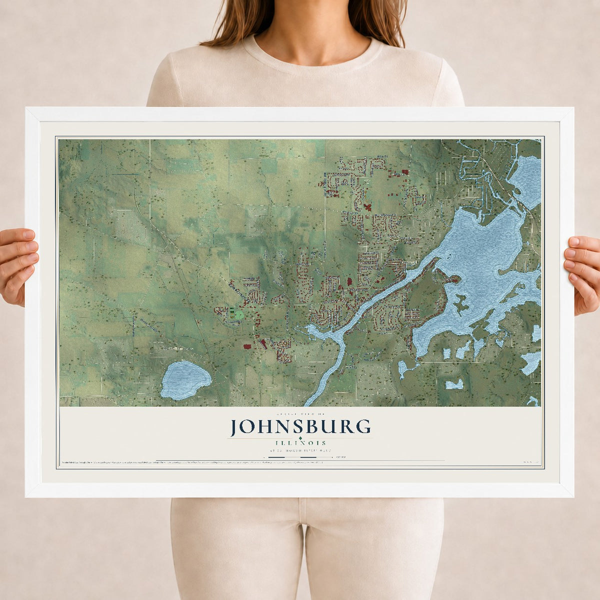 Map of Johnsburg, Illinois, 18 x 24 inch print in a white wood frame