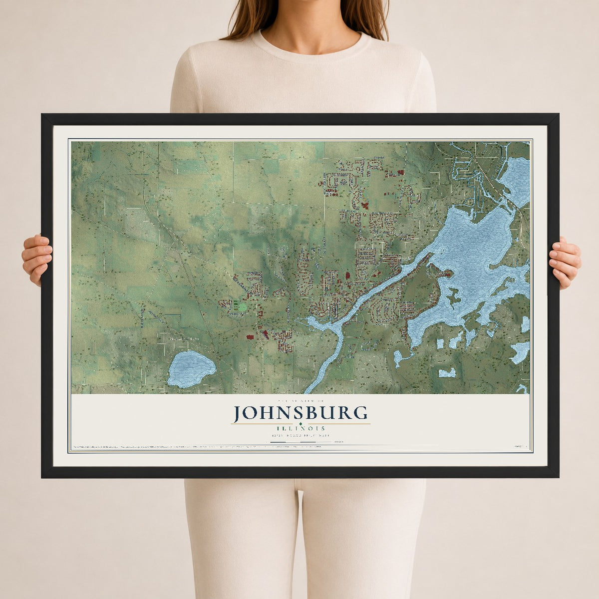 Map of Johnsburg, Illinois, 24 x 36 inch print in a black wood frame