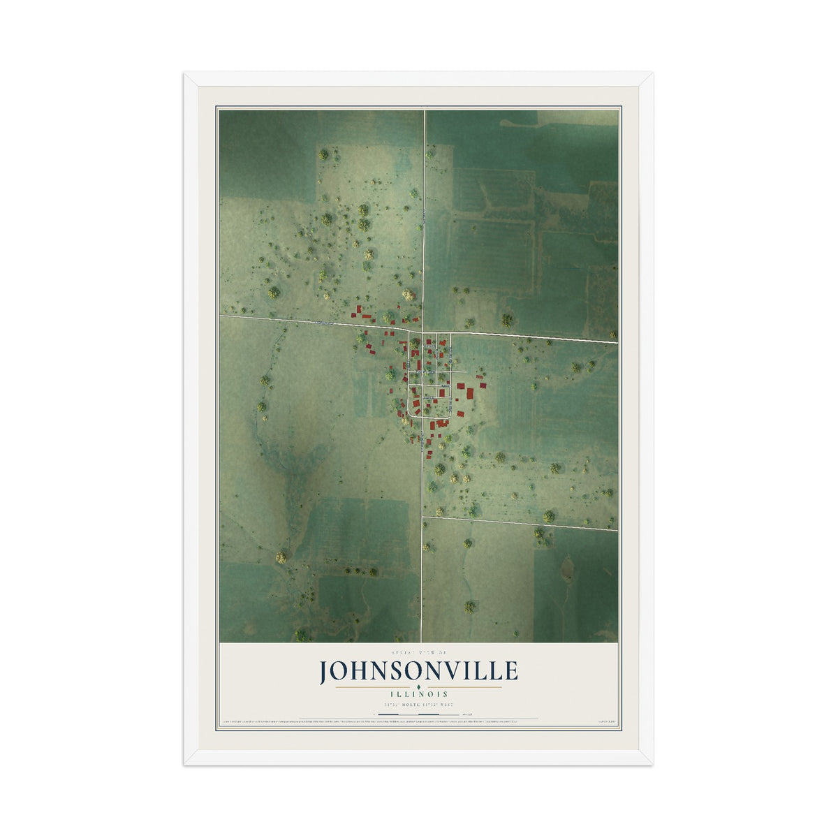 Map of Johnsonville, Illinois, 12 x 18 inch print in a white wood frame