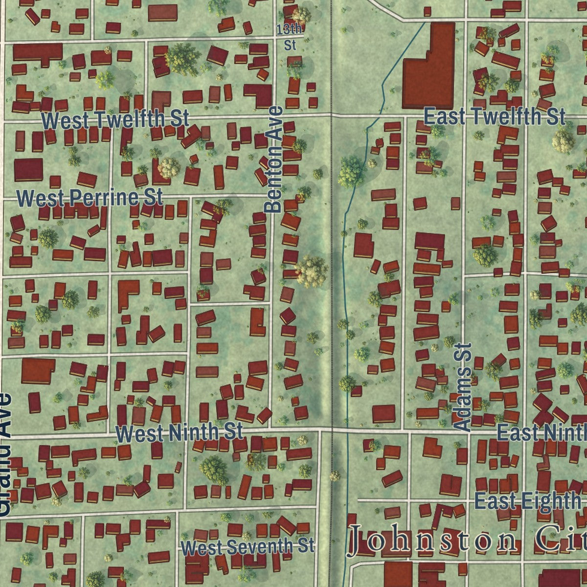 Close-up of the map of Johnston City, Illinois print showing street and building detail