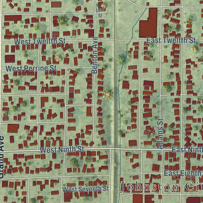 Close-up of the map of Johnston City, Illinois print showing street and building detail