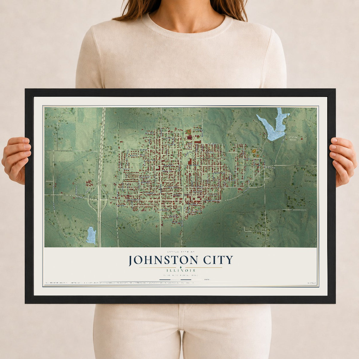 Map of Johnston City, Illinois, 12 x 18 inch print in a black wood frame