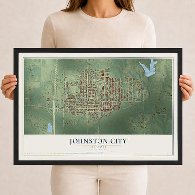 Map of Johnston City, Illinois, 12 x 18 inch print in a black wood frame