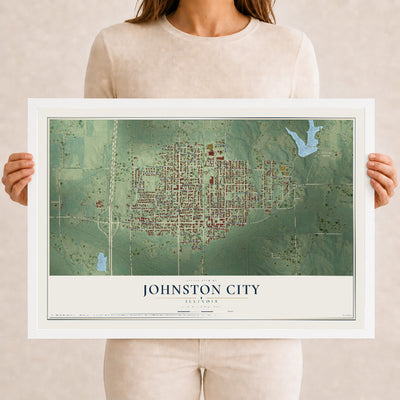 Map of Johnston City, Illinois, 12 x 18 inch print in a white wood frame