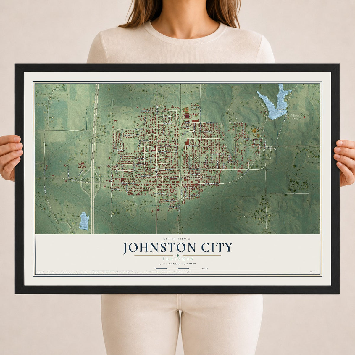 Map of Johnston City, Illinois, 18 x 24 inch print in a black wood frame