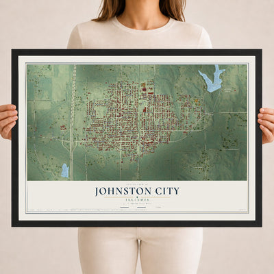 Map of Johnston City, Illinois, 18 x 24 inch print in a black wood frame