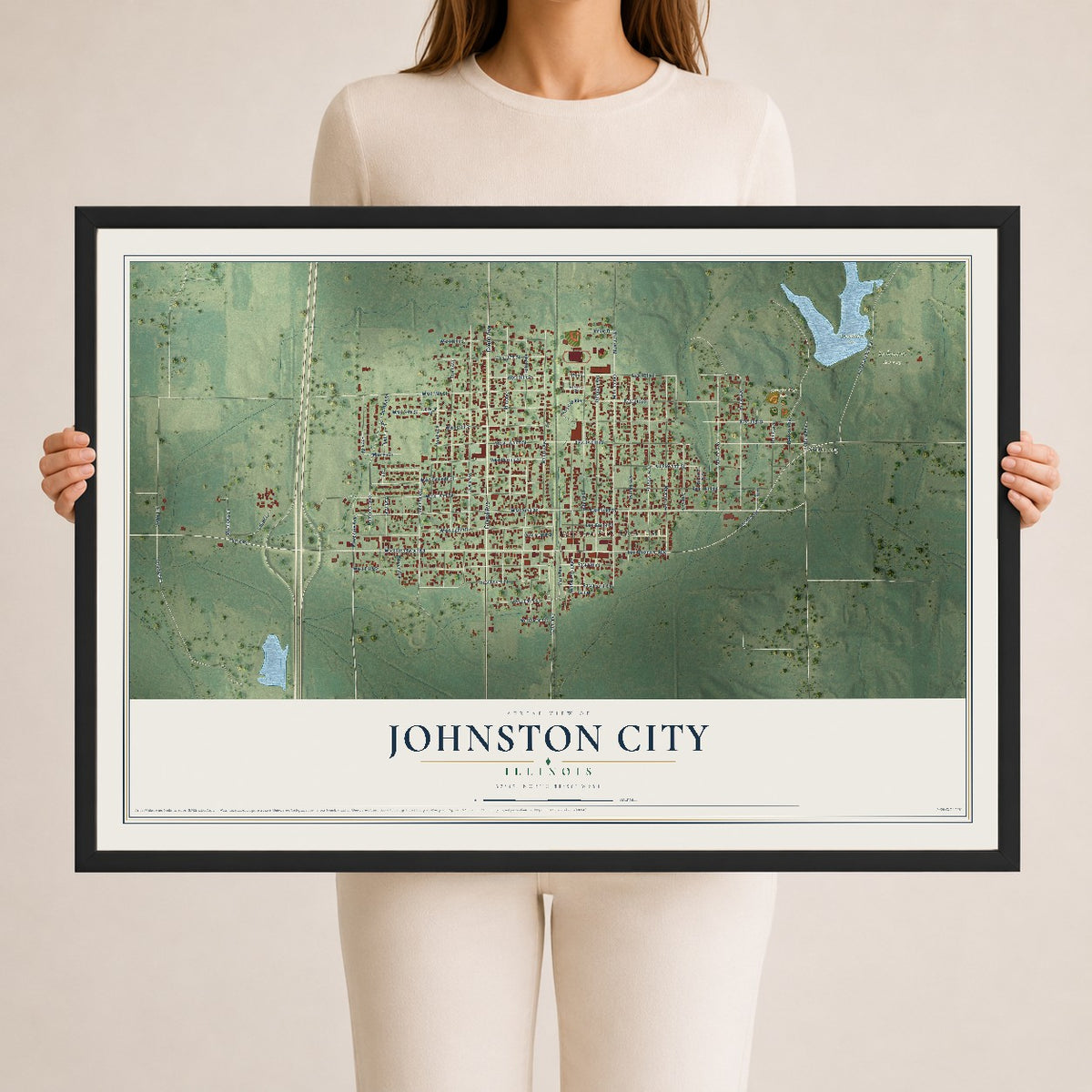 Map of Johnston City, Illinois, 24 x 36 inch print in a black wood frame