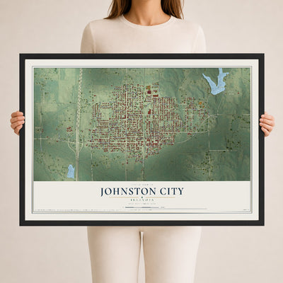 Map of Johnston City, Illinois, 24 x 36 inch print in a black wood frame