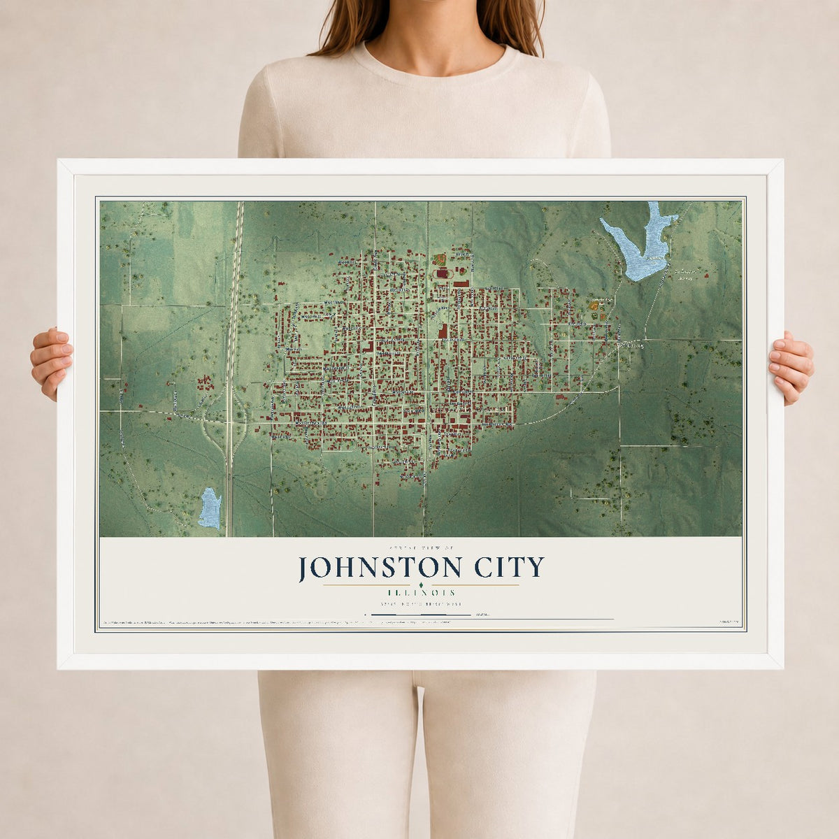 Map of Johnston City, Illinois, 24 x 36 inch print in a white wood frame