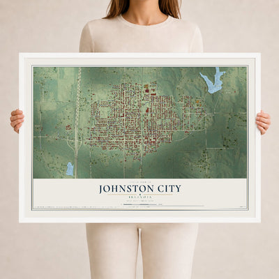 Map of Johnston City, Illinois, 24 x 36 inch print in a white wood frame
