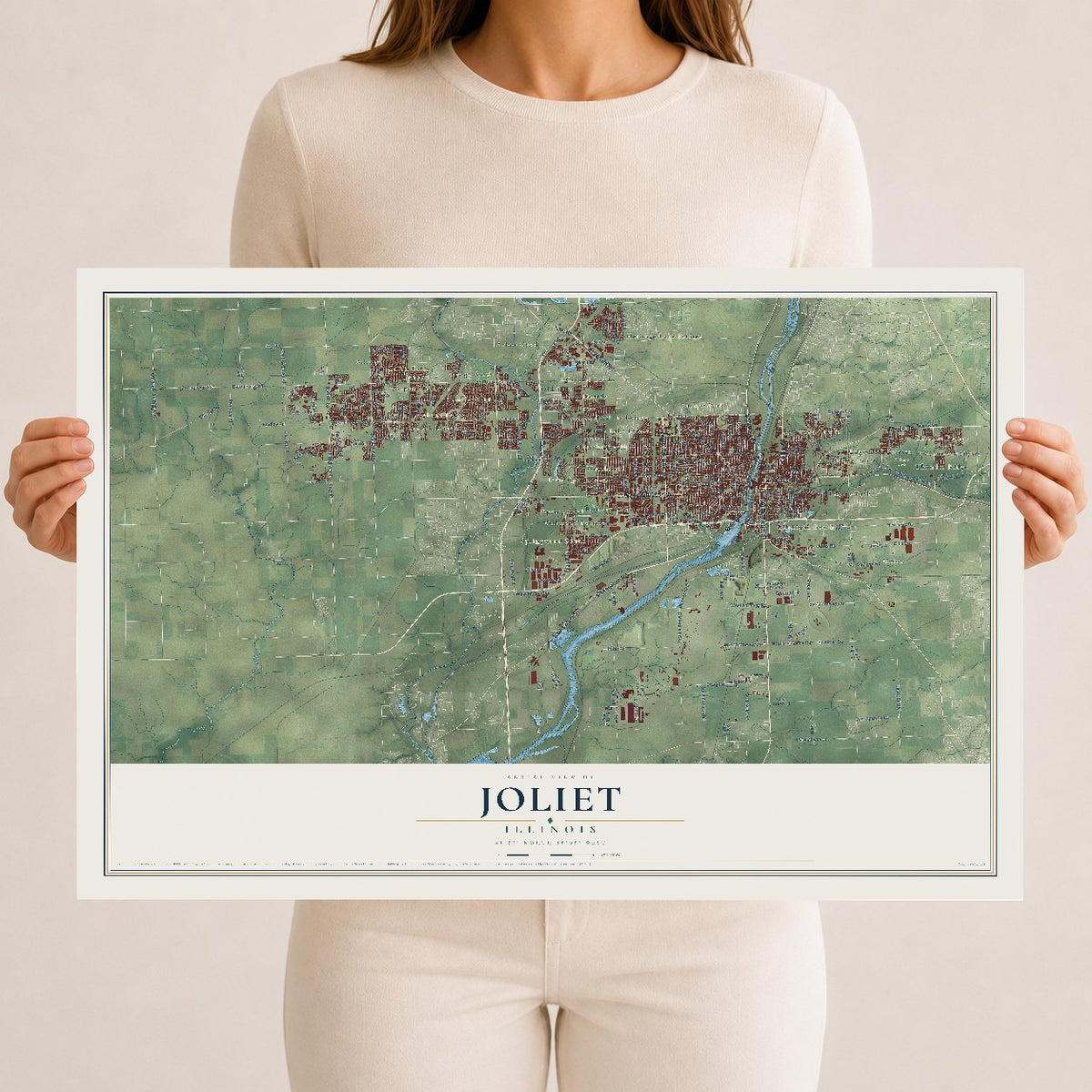 Map of Joliet, Illinois, 12 x 18 inch unframed archival matte print
