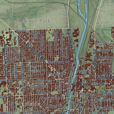 Close-up of the map of Joliet, Illinois print showing street and building detail