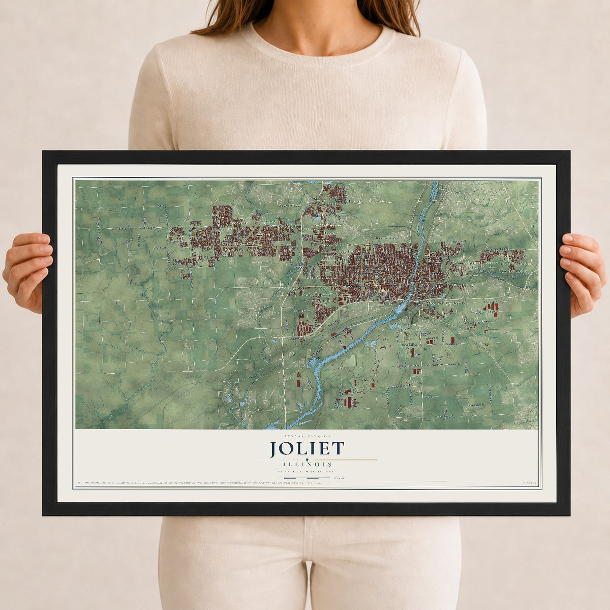 Map of Joliet, Illinois, 12 x 18 inch print in a black wood frame