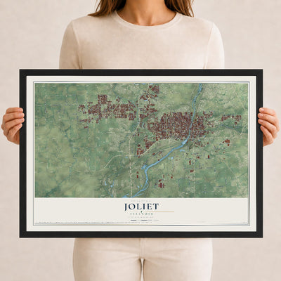 Map of Joliet, Illinois, 12 x 18 inch print in a black wood frame