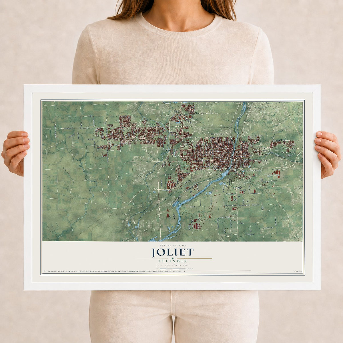 Map of Joliet, Illinois, 12 x 18 inch print in a white wood frame