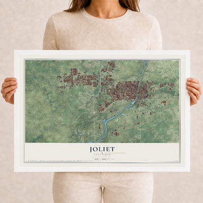 Map of Joliet, Illinois, 12 x 18 inch print in a white wood frame