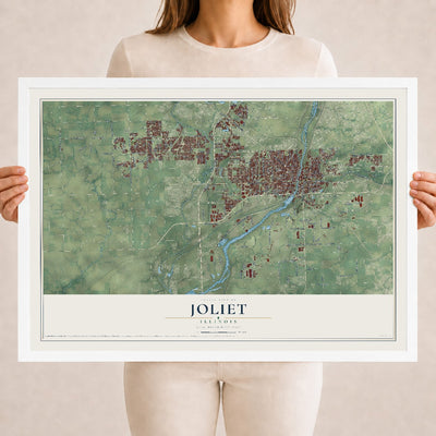 Map of Joliet, Illinois, 18 x 24 inch print in a white wood frame