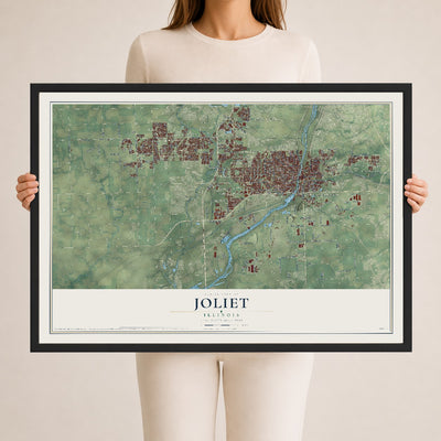 Map of Joliet, Illinois, 24 x 36 inch print in a black wood frame