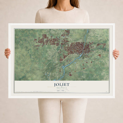 Map of Joliet, Illinois, 24 x 36 inch print in a white wood frame