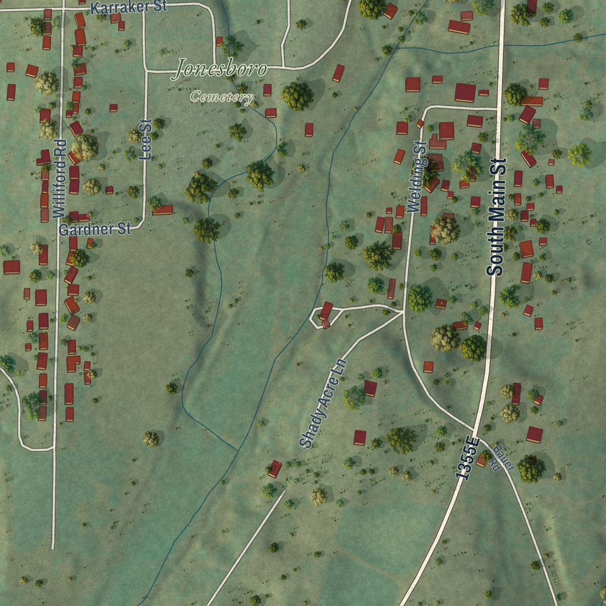 Second close-up of the map of Jonesboro, Illinois print showing more streets and buildings