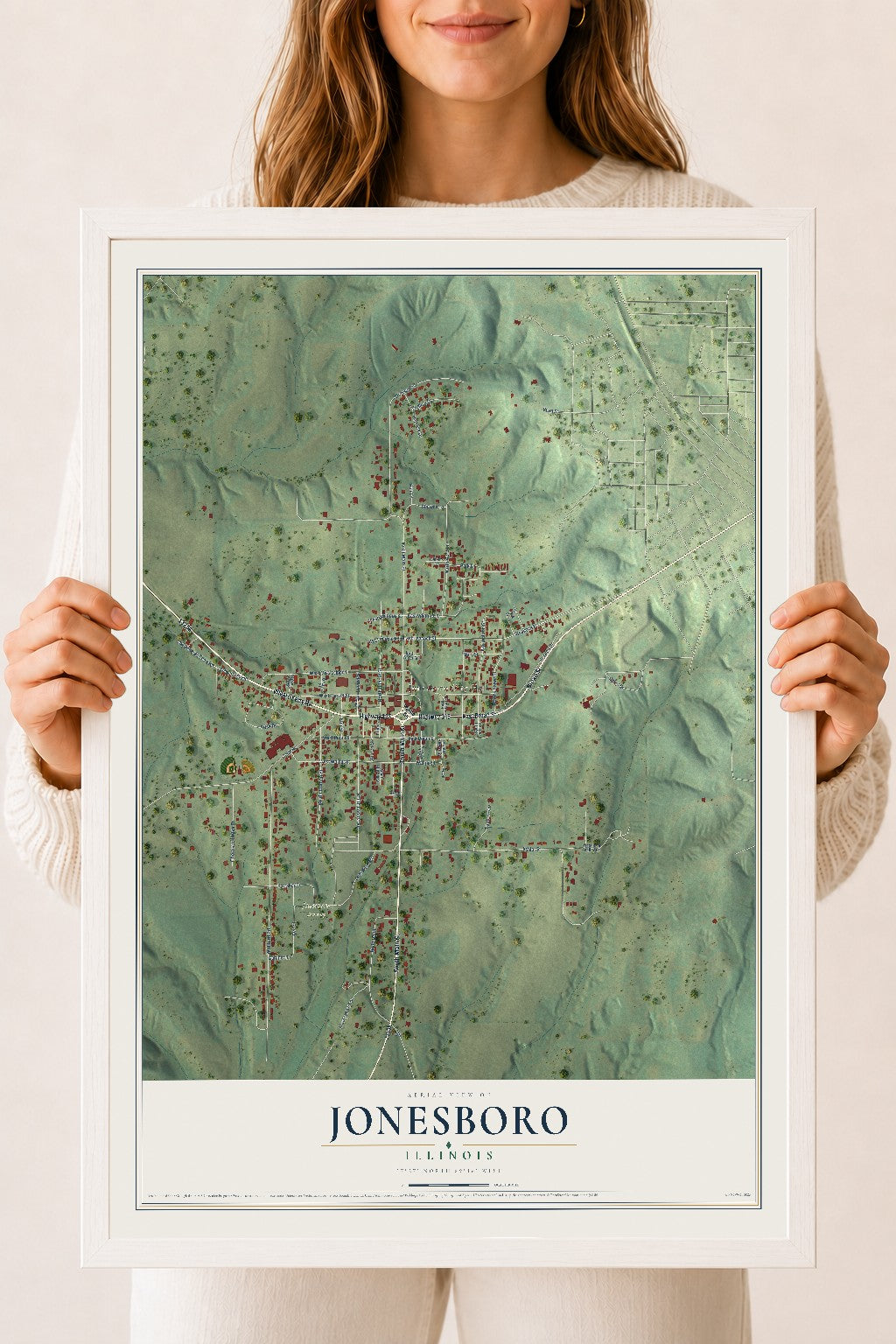 Map of Jonesboro, Illinois, 18 x 24 inch print in a white wood frame