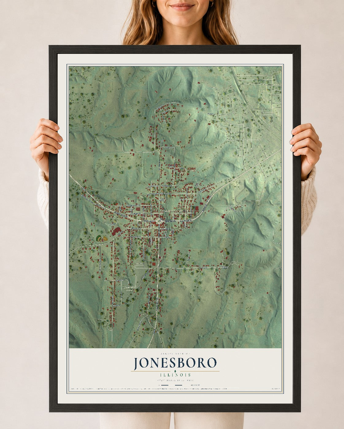 Map of Jonesboro, Illinois, 24 x 36 inch print in a black wood frame