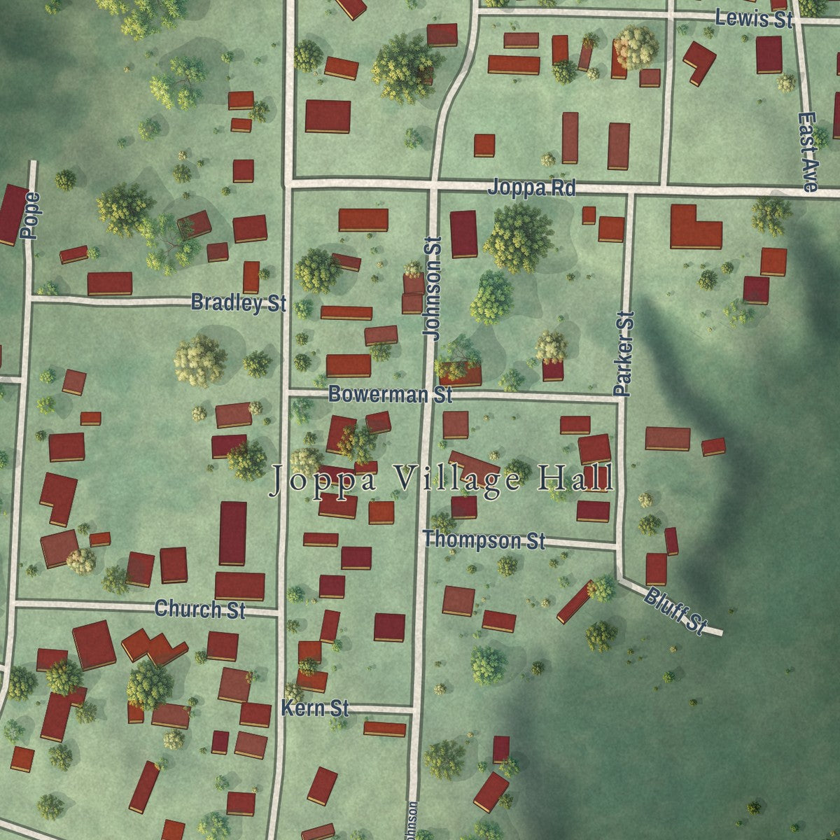 Close-up of the map of Joppa, Illinois print showing street and building detail