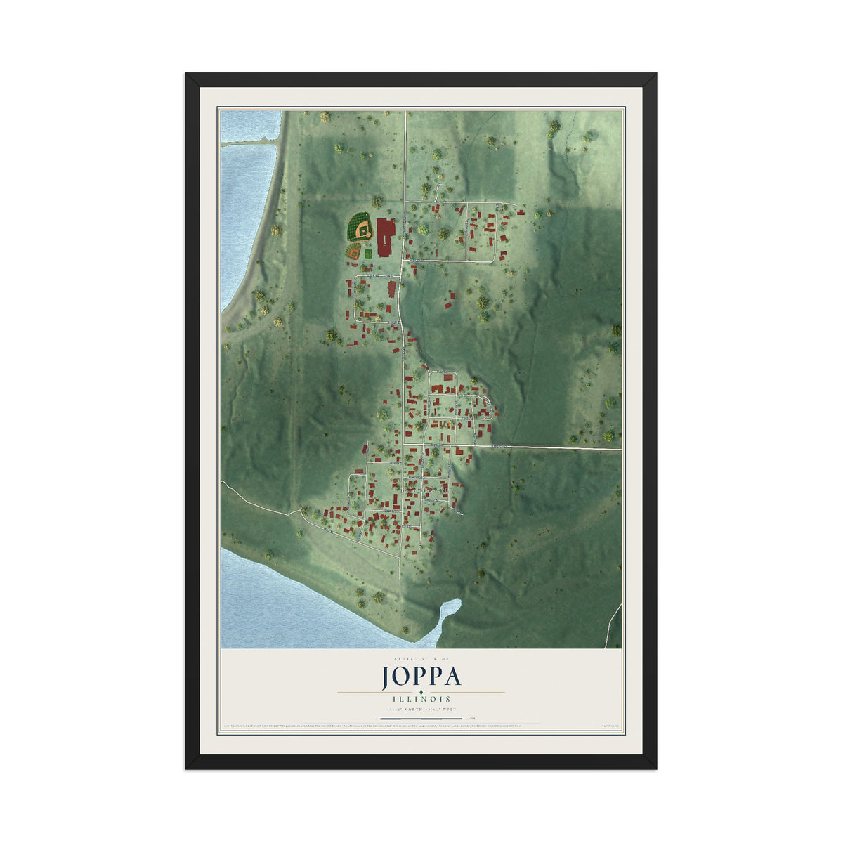 Map of Joppa, Illinois, 12 x 18 inch print in a black wood frame