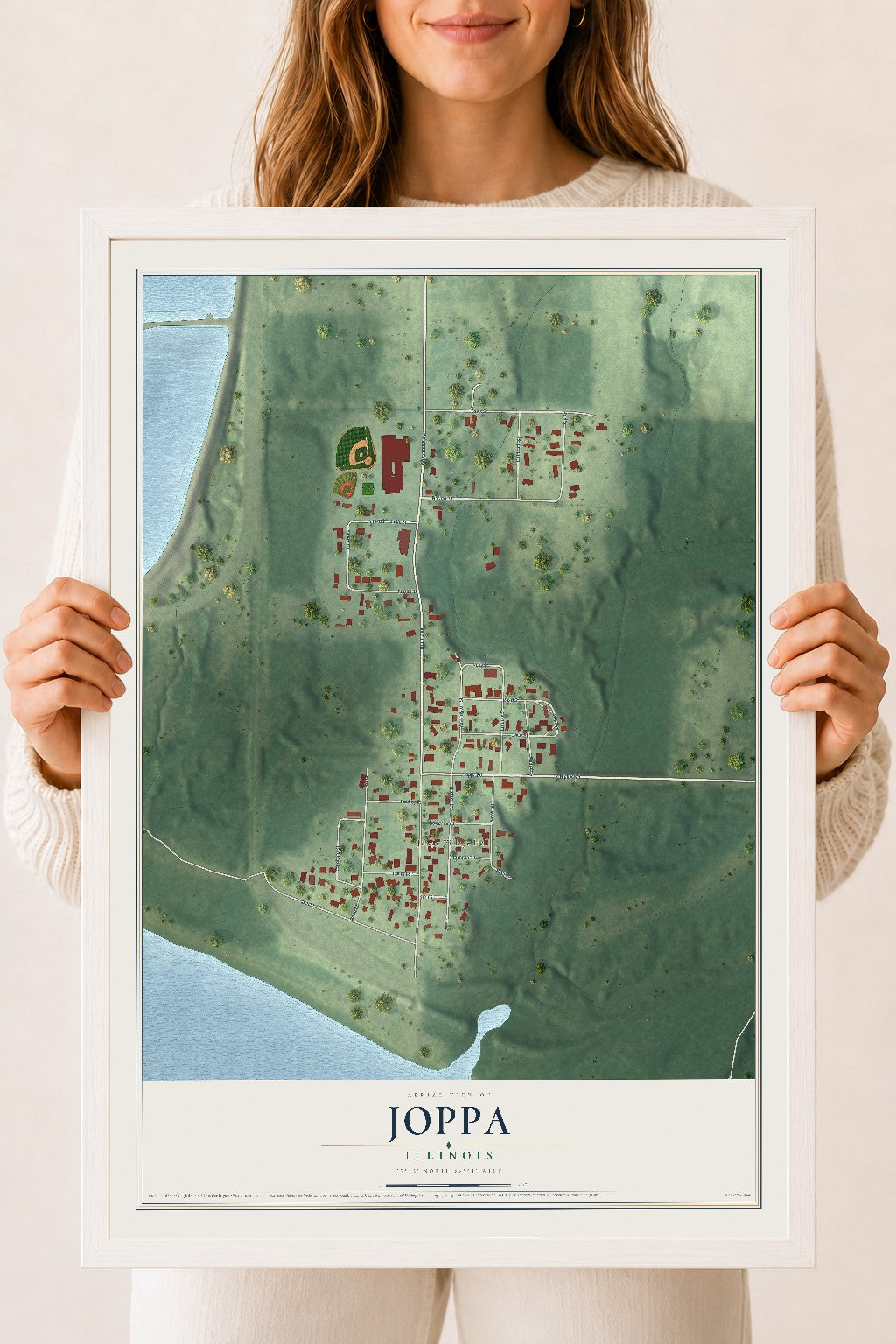 Map of Joppa, Illinois, 18 x 24 inch print in a white wood frame