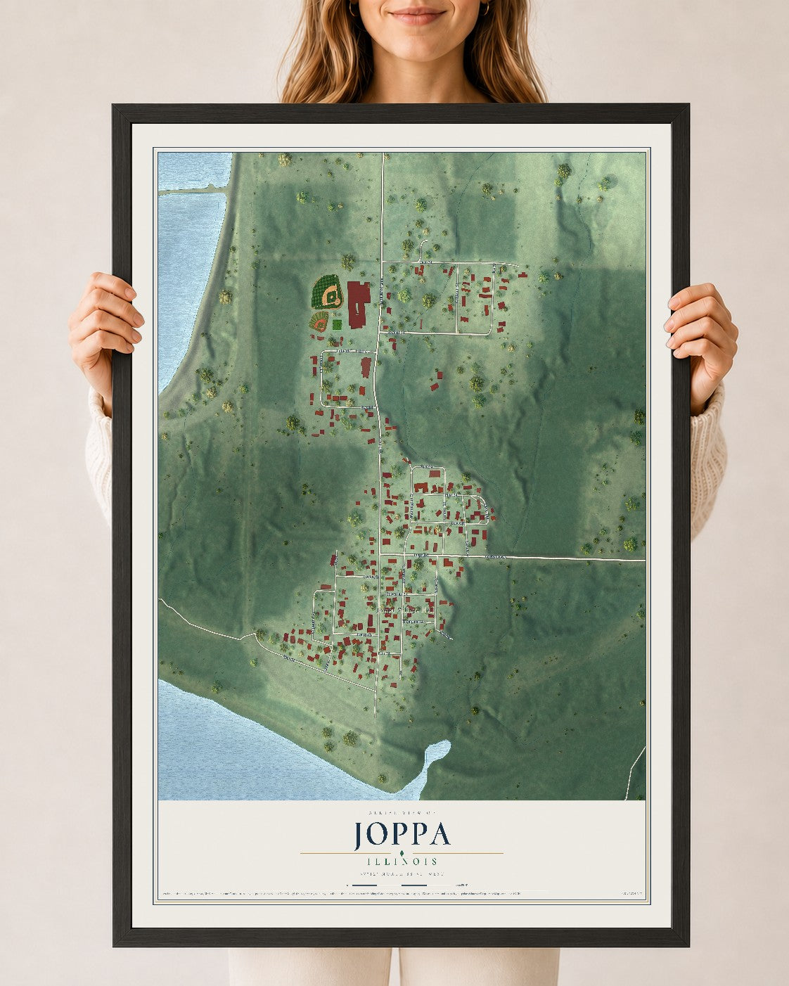 Map of Joppa, Illinois, 24 x 36 inch print in a black wood frame