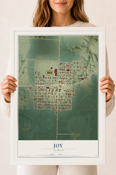 Map of Joy, Illinois, 18 x 24 inch print in a white wood frame