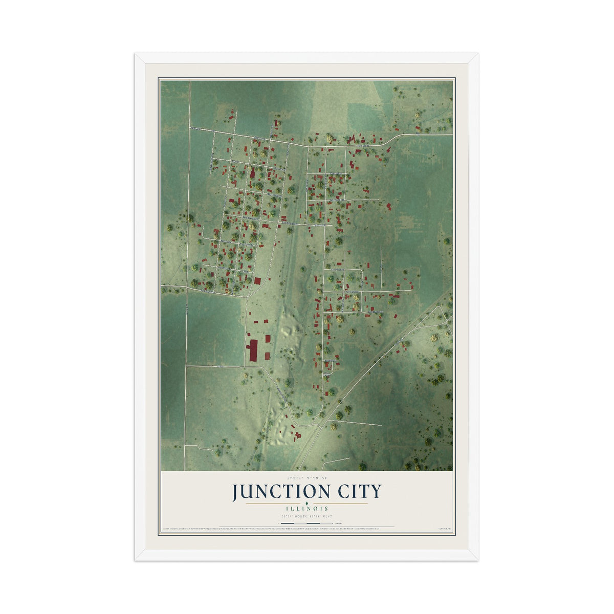 Map of Junction City, Illinois, 12 x 18 inch print in a white wood frame