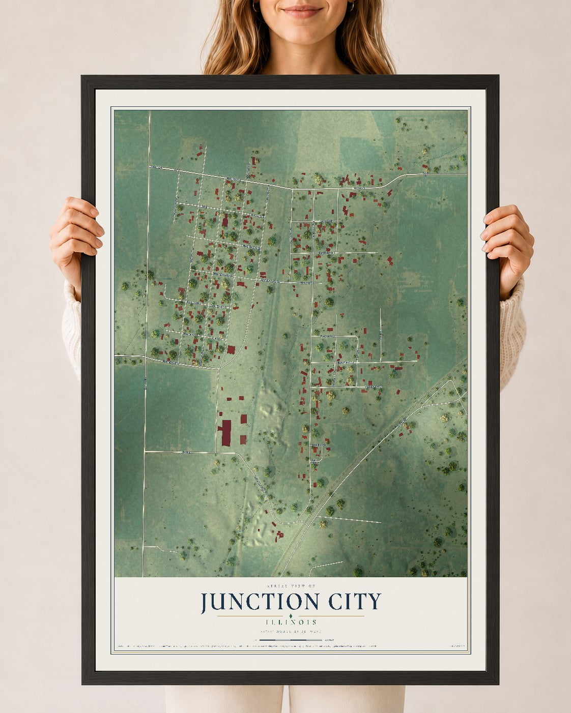 Map of Junction City, Illinois, 24 x 36 inch print in a black wood frame