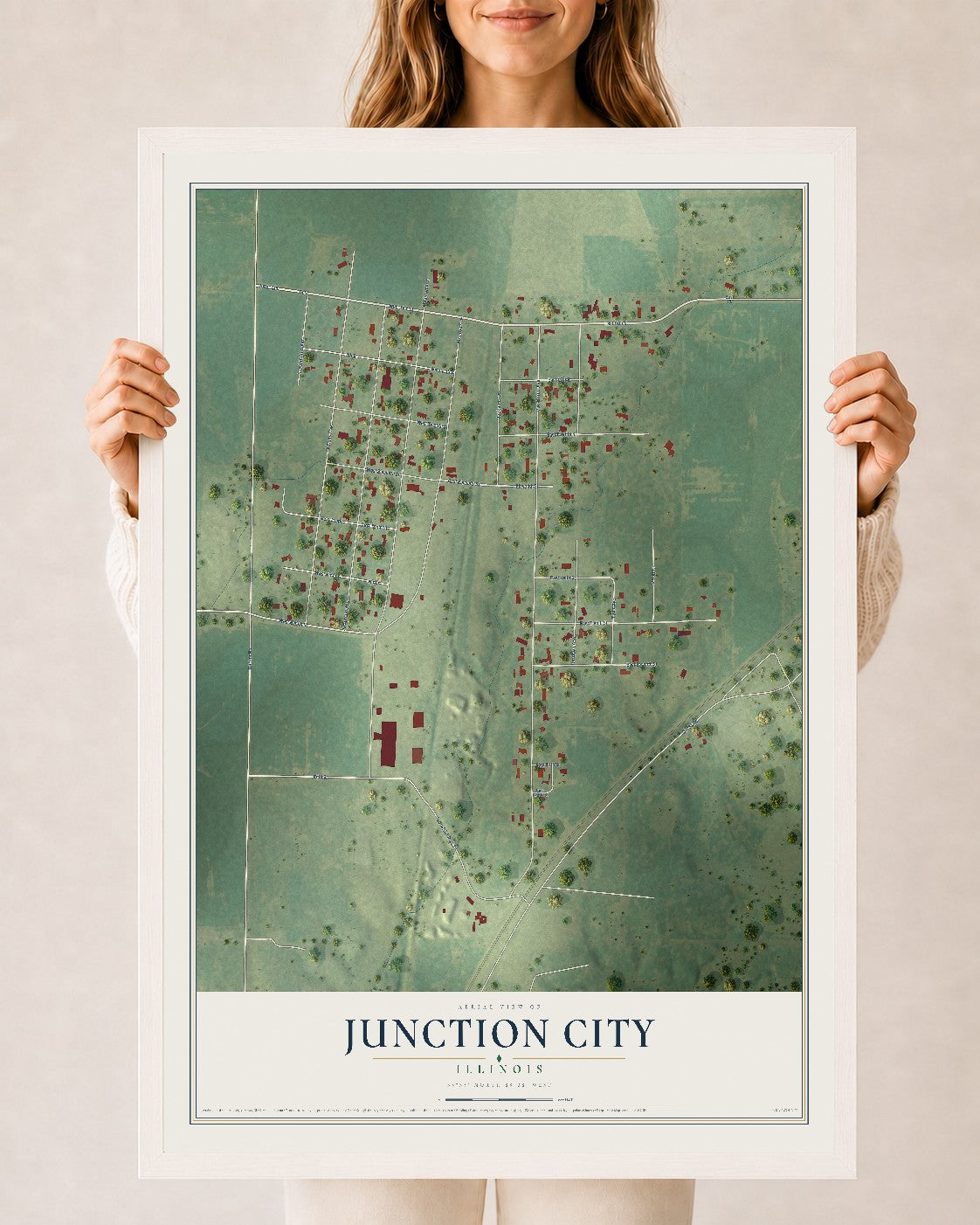 Map of Junction City, Illinois, 24 x 36 inch print in a white wood frame