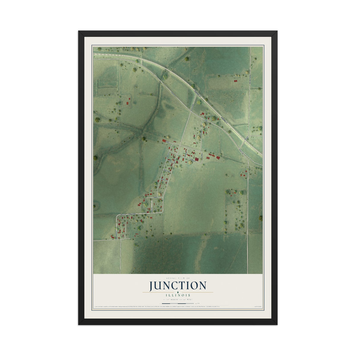 Map of Junction, Illinois, 12 x 18 inch print in a black wood frame