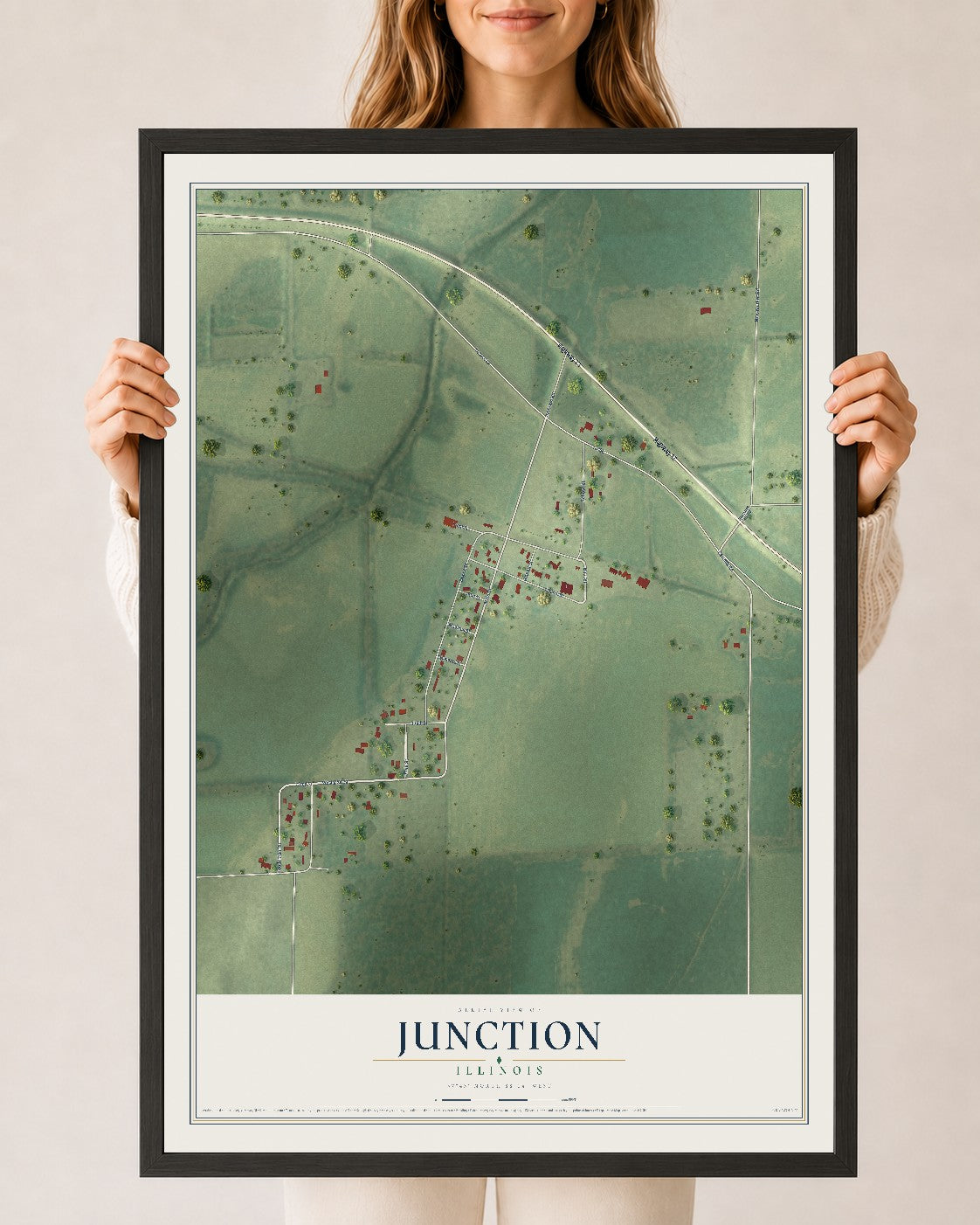 Map of Junction, Illinois, 24 x 36 inch print in a black wood frame