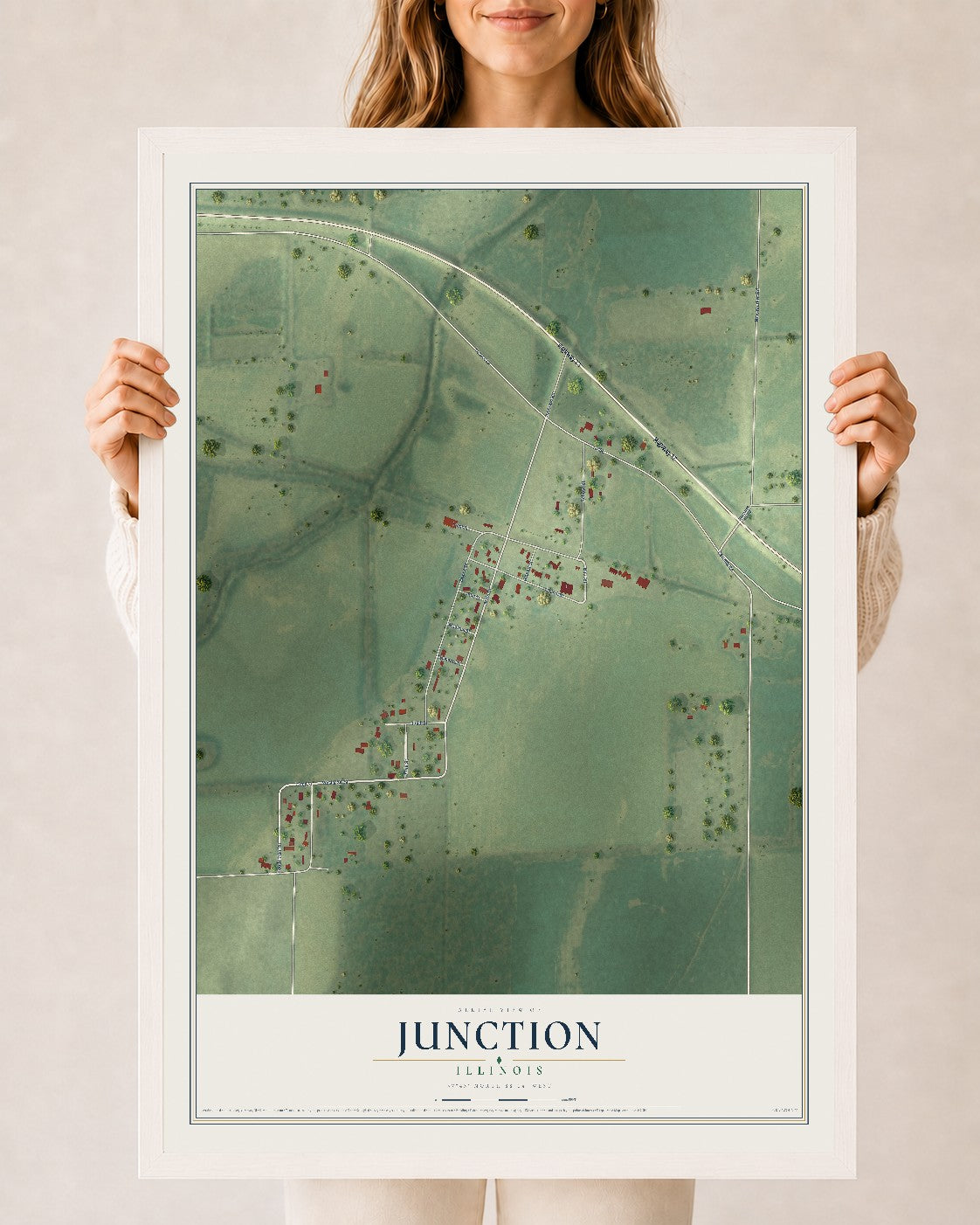 Map of Junction, Illinois, 24 x 36 inch print in a white wood frame
