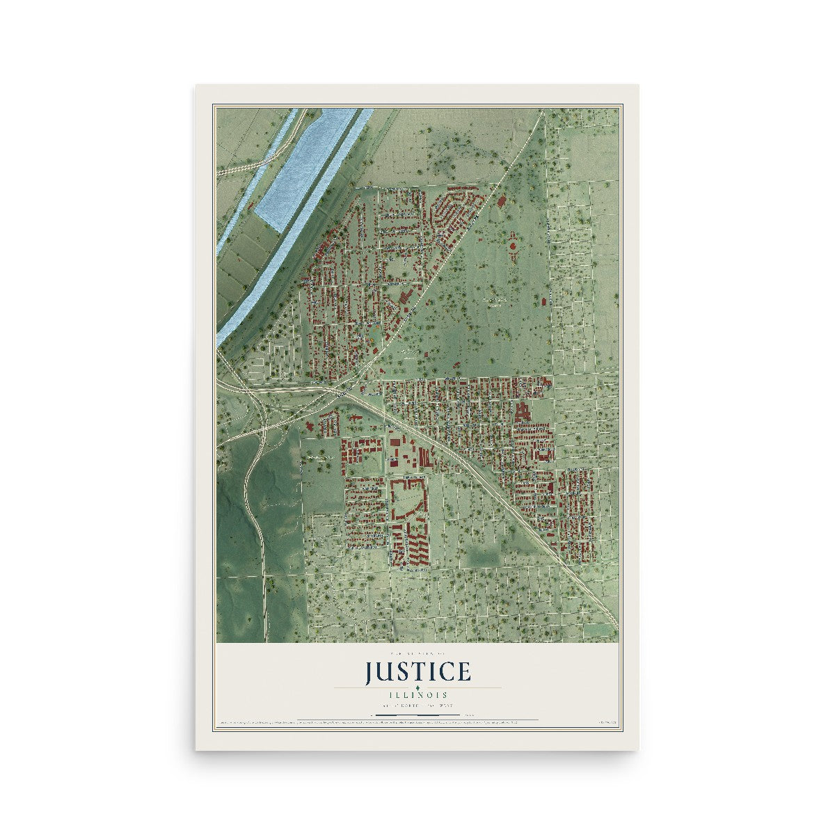Map of Justice, Illinois, 12 x 18 inch unframed archival matte print