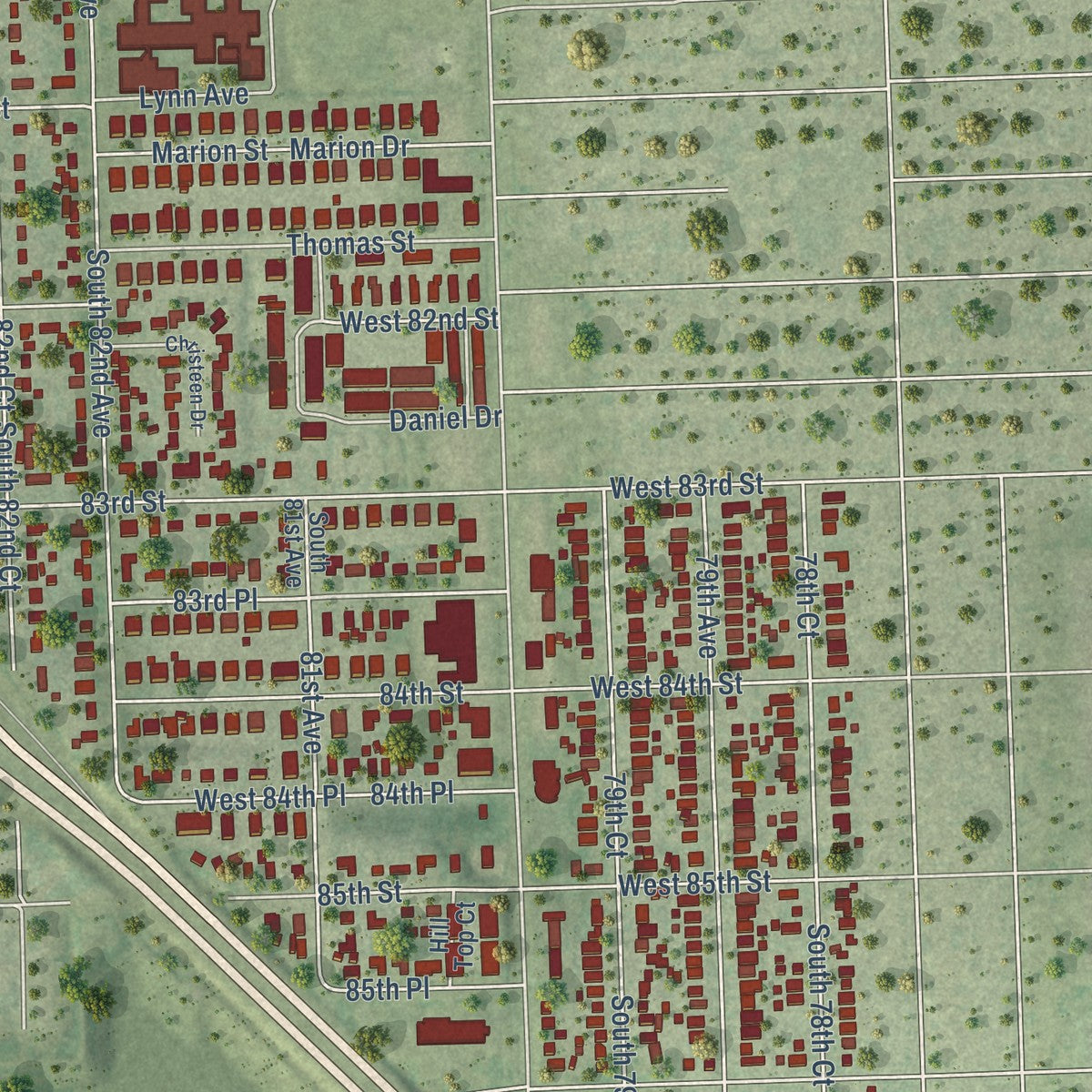 Close-up of the map of Justice, Illinois print showing street and building detail