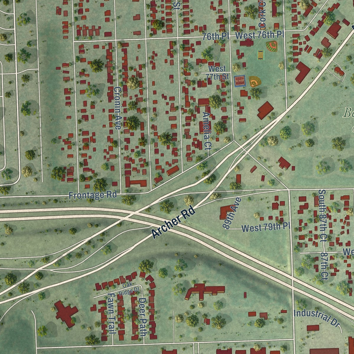 Second close-up of the map of Justice, Illinois print showing more streets and buildings