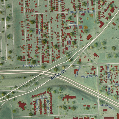 Second close-up of the map of Justice, Illinois print showing more streets and buildings