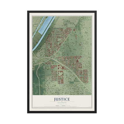 Map of Justice, Illinois, 12 x 18 inch print in a black wood frame